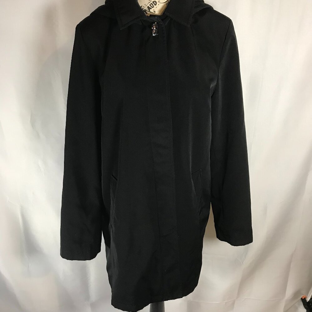 Liz Claiborne Rain coat jacket, detachable hood.  Longer style, size M Black